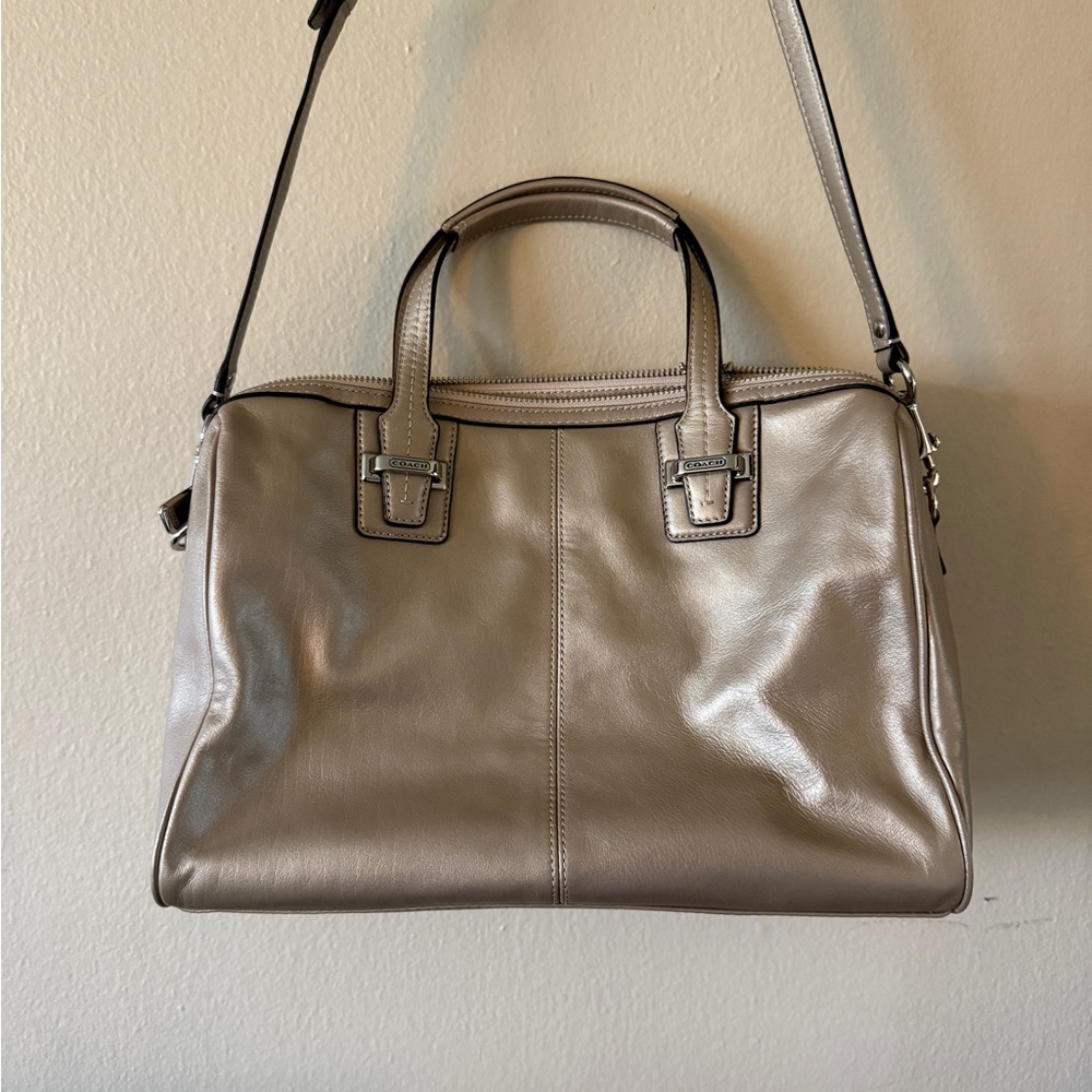 Coach Metallic Leather Satchel Crossbody Bag Top Handle Silver Hardware F25296 - Picture 3 of 6